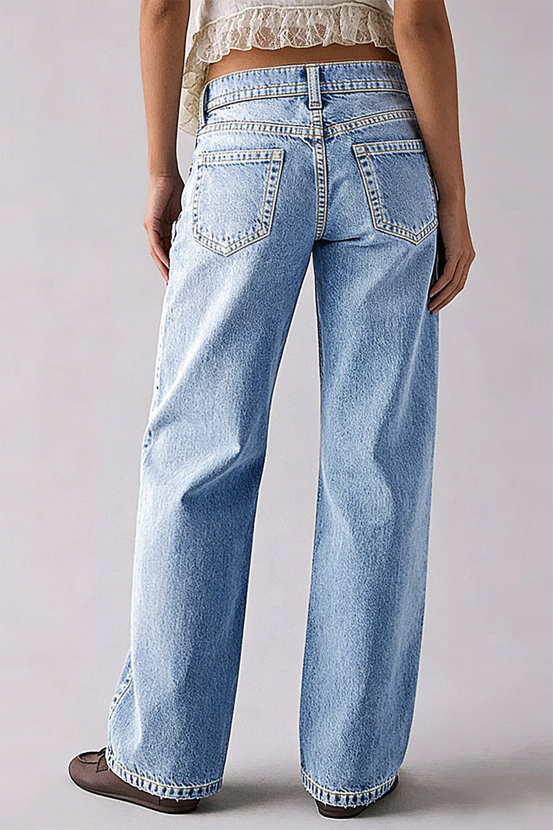 Wash Raw Hem Mid Rise Straight Leg Jeans