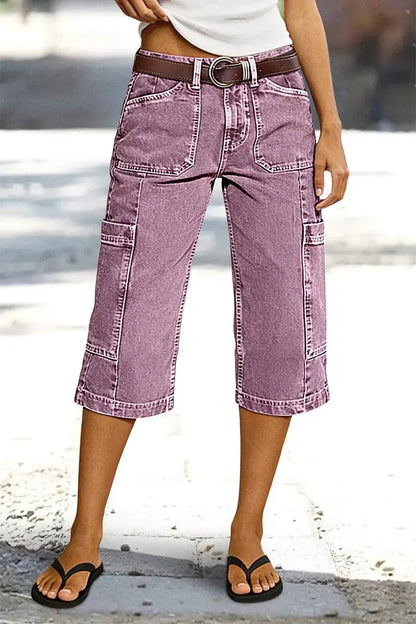 Stitch Detail Side Pocket Mid Waist Straight Leg Capri Pants Without Belt