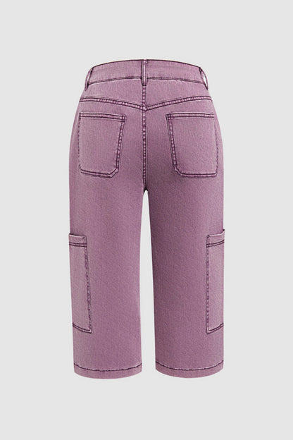 Stitch Detail Side Pocket Mid Waist Straight Leg Capri Pants Without Belt