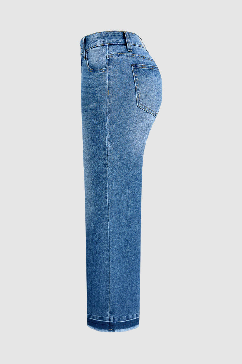 Wash Raw Hem Mid Waist Straight Leg Crop Jeans Without Belt