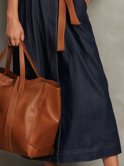 Robe longue en jean à col en V poli et à nouer à la taille