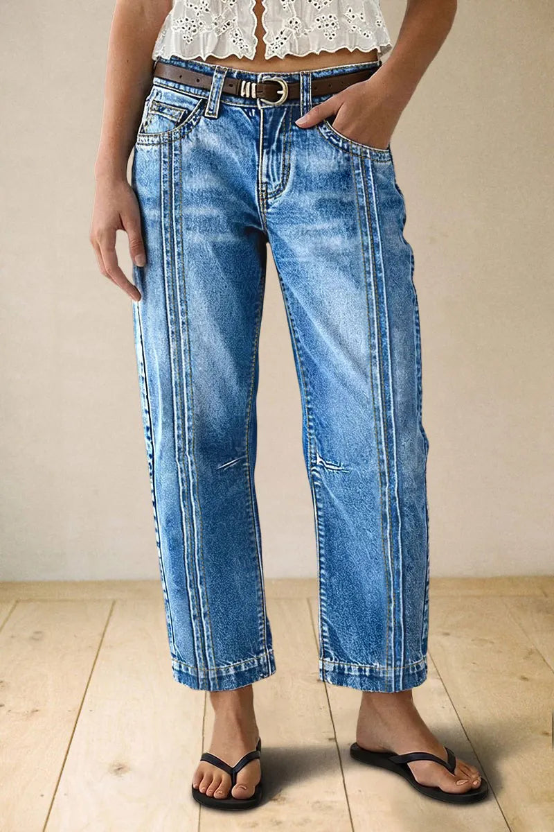 Wash Stitch Detail Mid Waist Straight Leg Cropped Jeans Without Belt