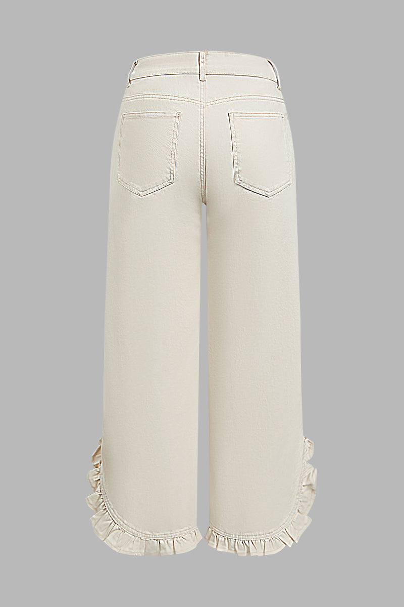 Solid Patch Pocket Ruffle Hem Mid Waist Wide Leg Pants
