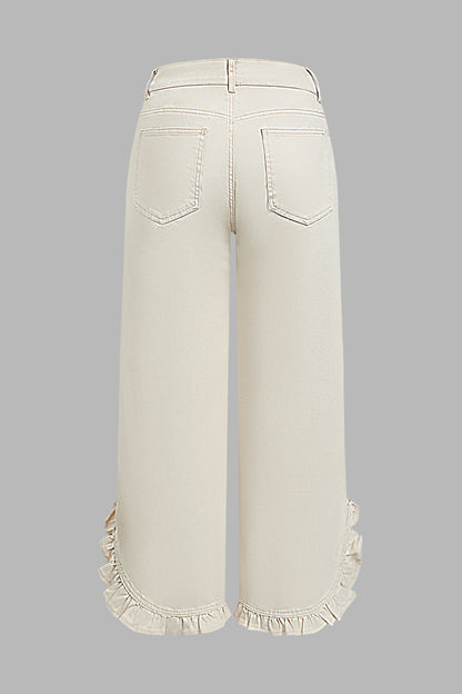 Solid Patch Pocket Ruffle Hem Mid Waist Wide Leg Pants
