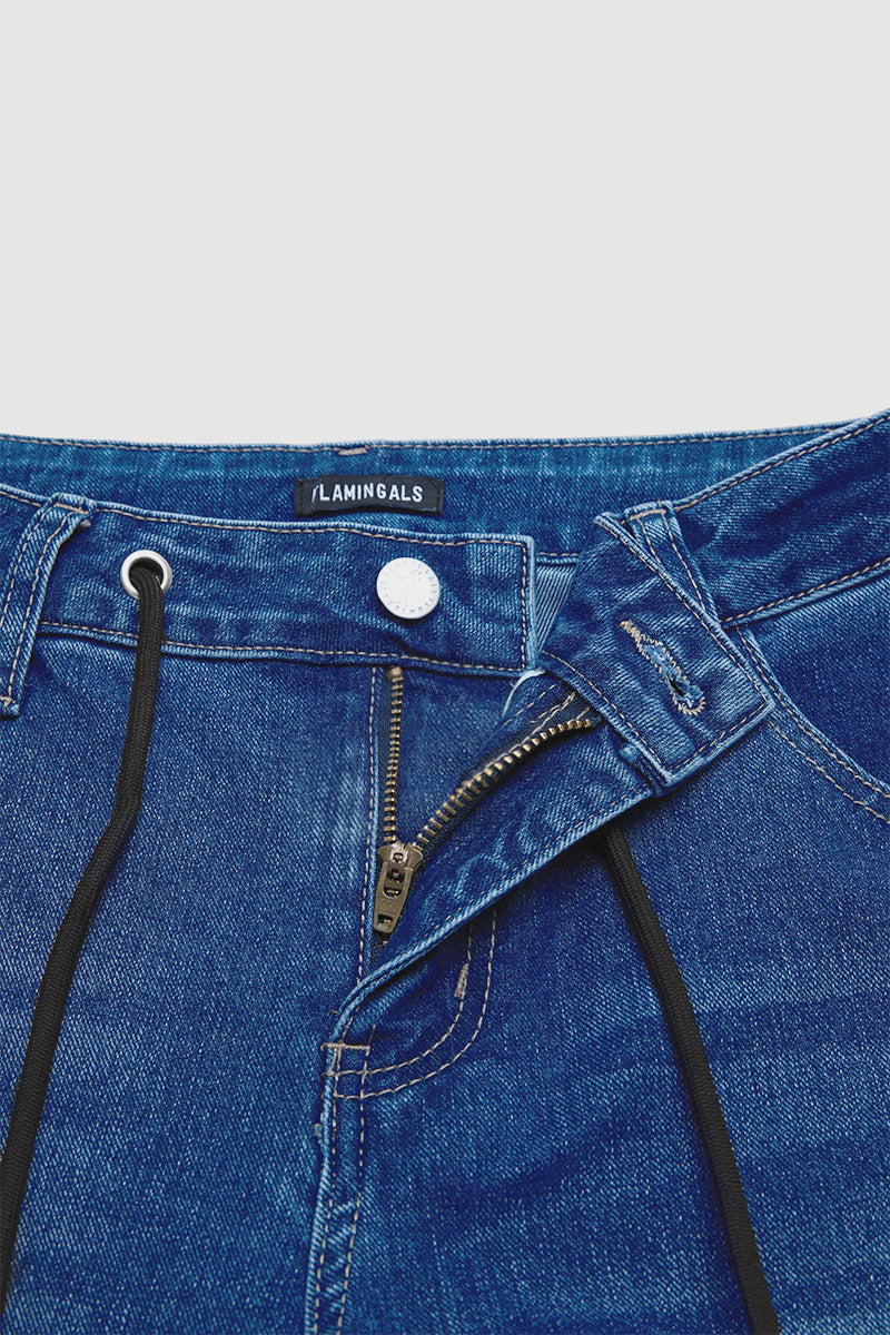 Wash Flap Pocket Drawstring Mid Rise Straight Leg Capri Jeans