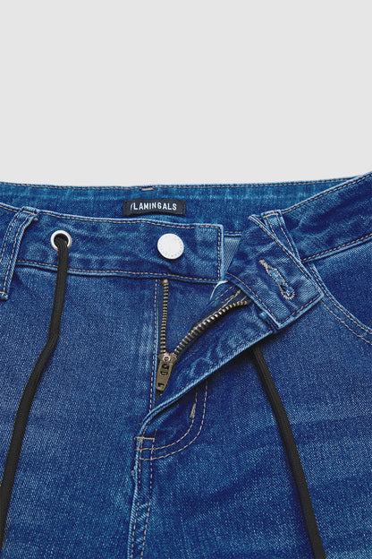 Wash Flap Pocket Drawstring Mid Rise Straight Leg Capri Jeans
