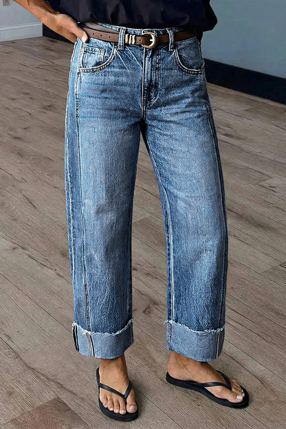Wash Seam Front Roll Raw Hem Mid Rise Straight Leg Crop Jeans Without Belt