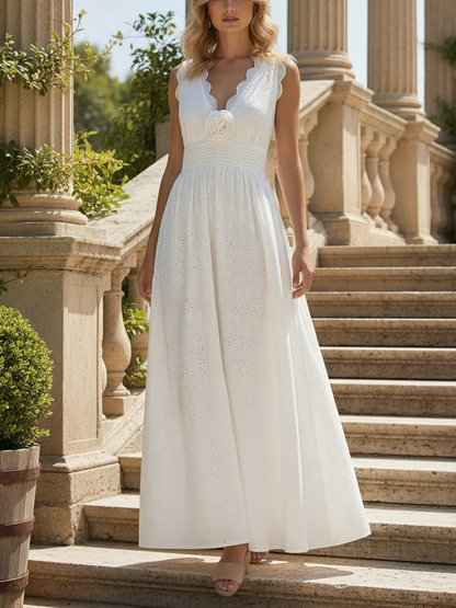 Robe longue en coton, sans manches, col en V, unie, dentelle, vintage, blanche