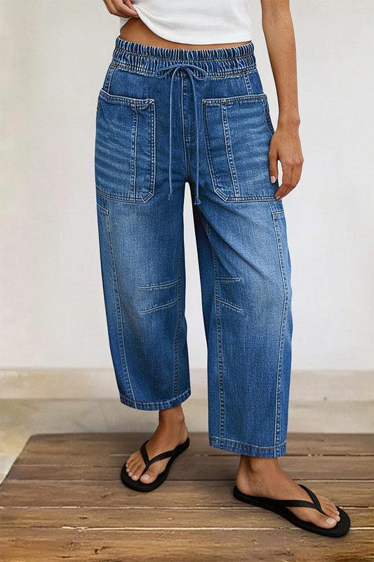 Drawstring Patched Pocket High Waist Barrel Leg Crop Jeans