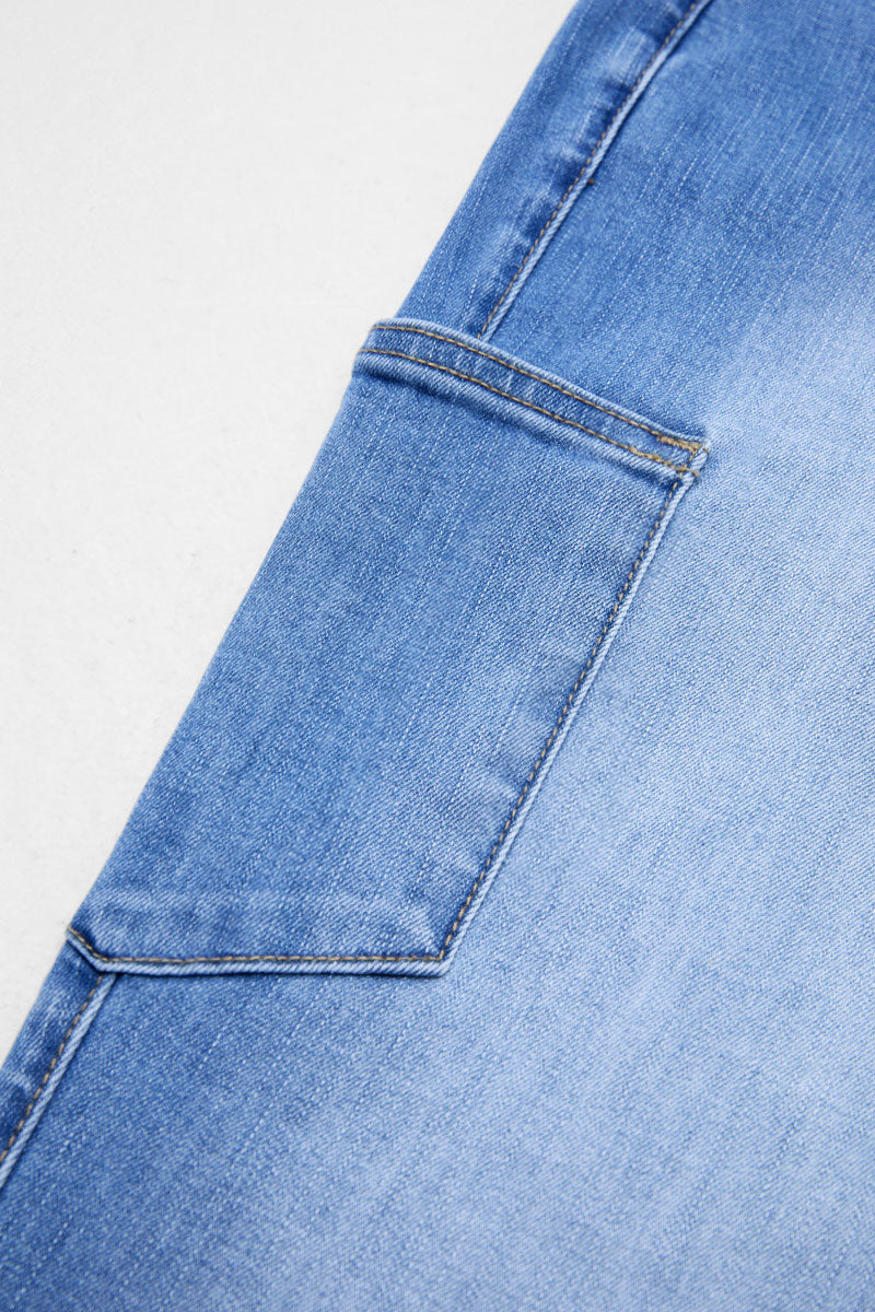 Patch Pocket Button Hem Belted Elastic Waistband Mid Rise Straight Leg Crop Jeans