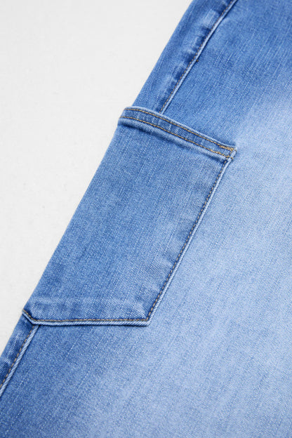 Patch Pocket Button Hem Belted Elastic Waistband Mid Rise Straight Leg Crop Jeans
