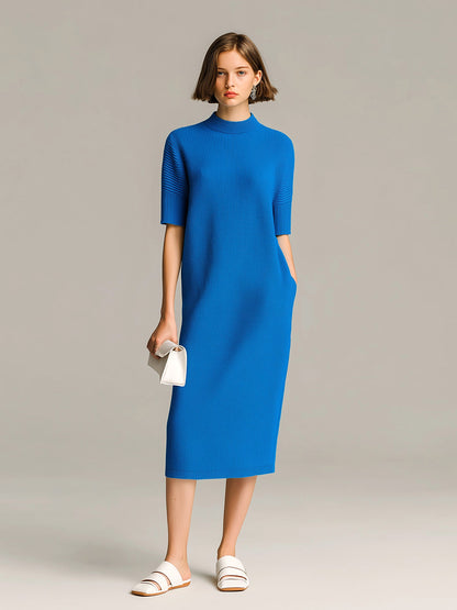 Chic Vintage Royal Blue Round Neck Short-Sleeve Loose-Fit Ribbed Knit Midi Dress