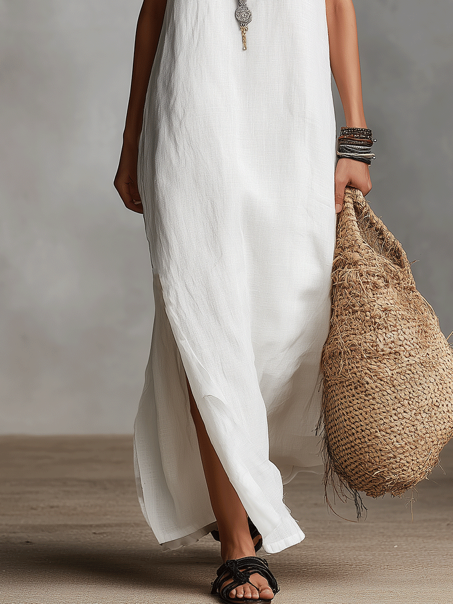 Robe longue sans manches col V blanche et chic