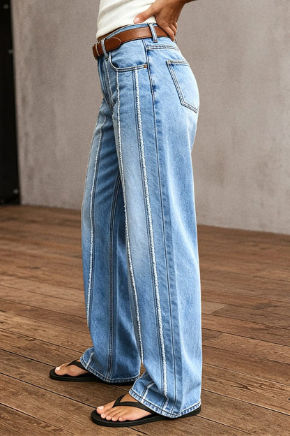 Wash Stitch Detail Mid Waist Straight Leg Jeans Without Belt