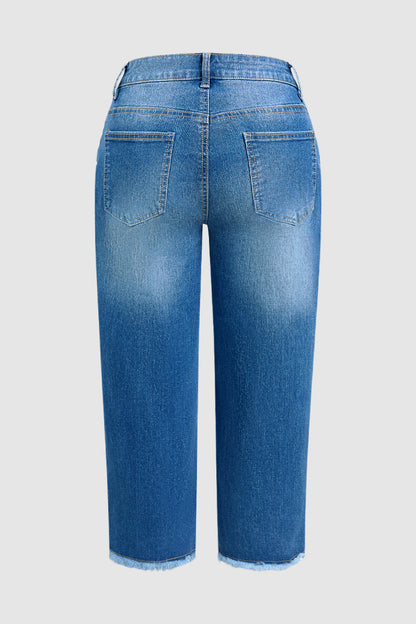 Raw Hem Ripped Mid Waist Straight Leg Capri Jeans