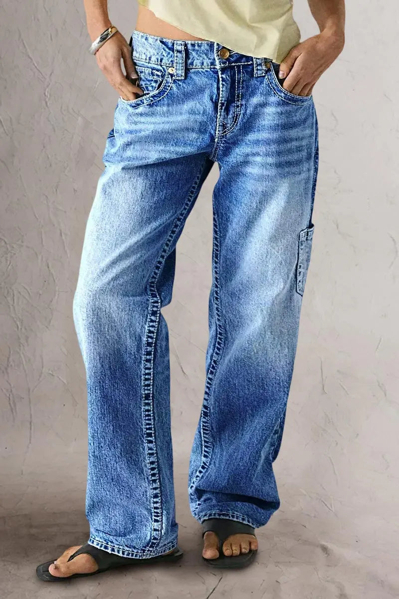 Wash Multi Pocket Mid Rise Straight Leg Jeans
