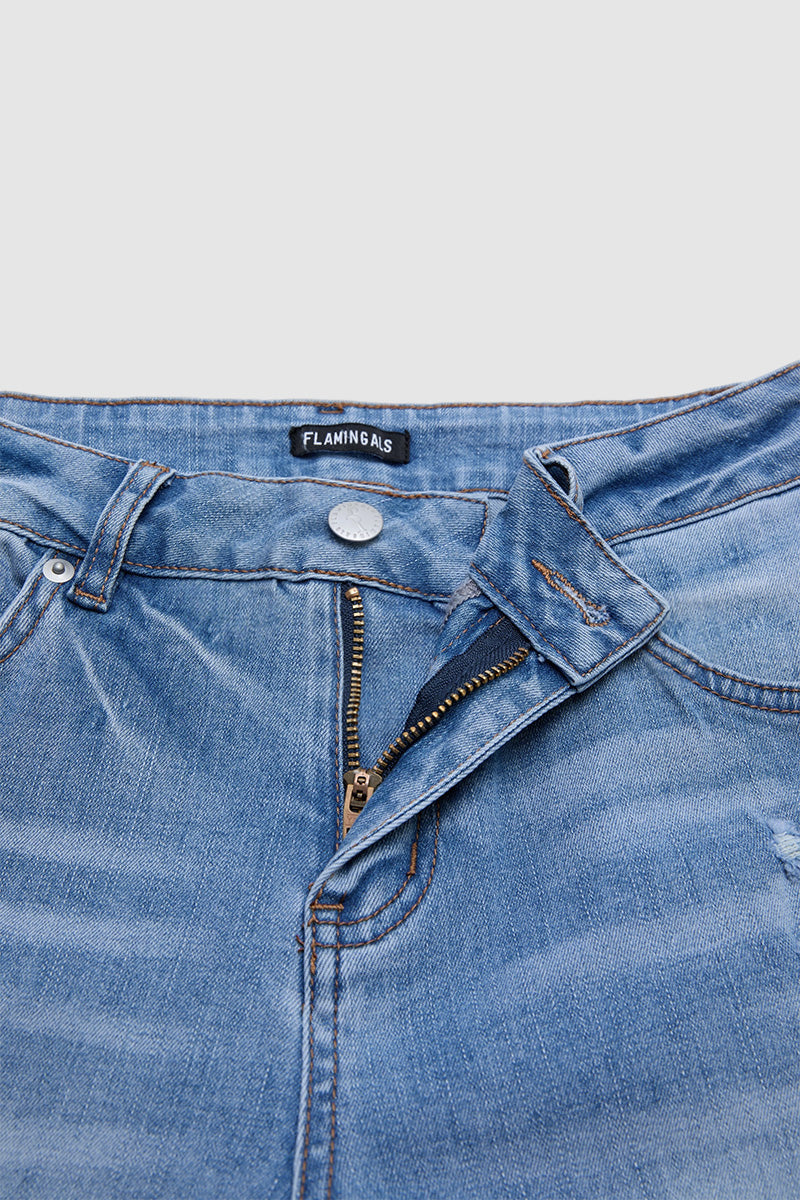 Wash Ripped Roll Hem Mid Rise Straight Leg Crop Jeans
