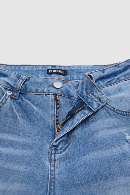 Wash Ripped Roll Hem Mid Rise Straight Leg Crop Jeans