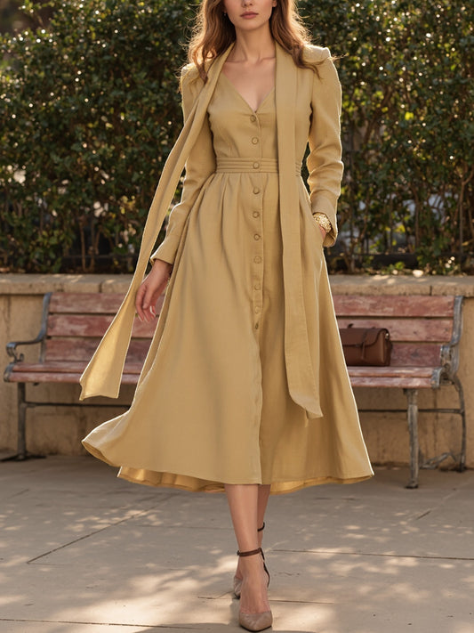Robe Midi en Coton, Manches Longues, Col V, Unie, Boutonnée, Style Vintage Français, Kaki