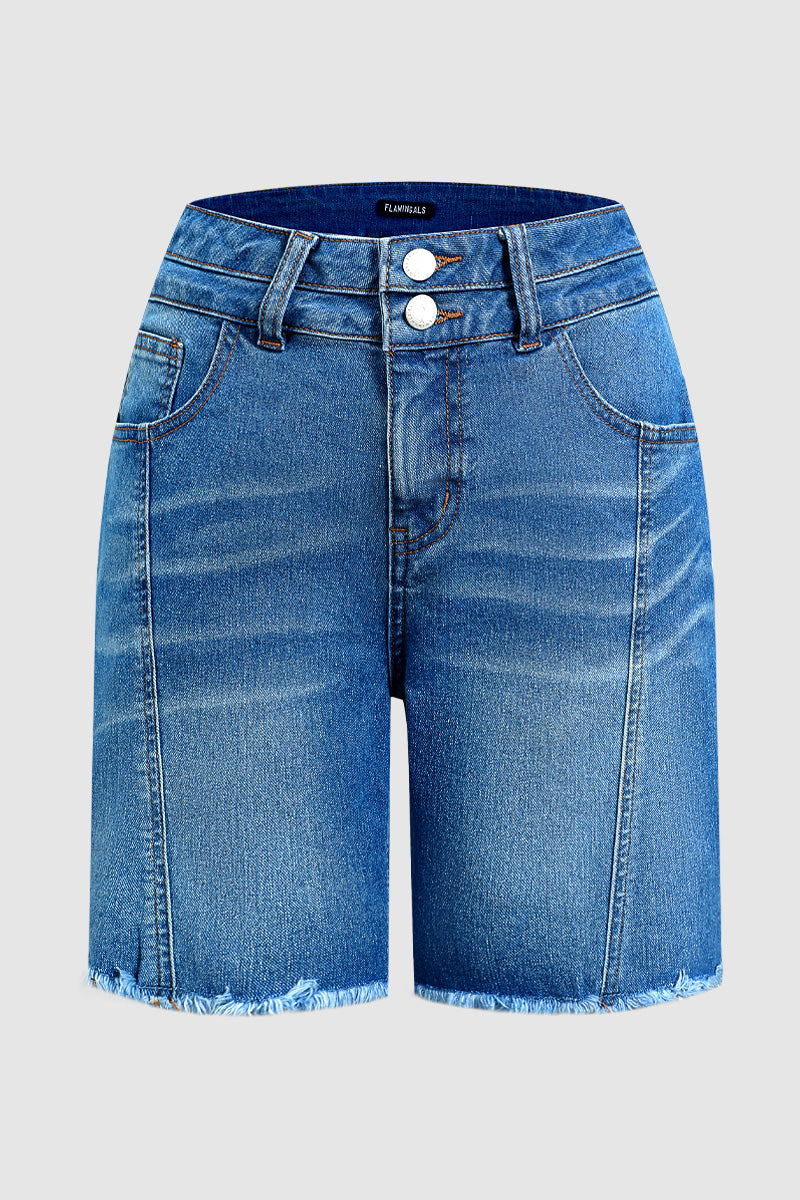 Wash Seam Front Raw Hem Dual Button High Rise Mid Thigh Denim Shorts