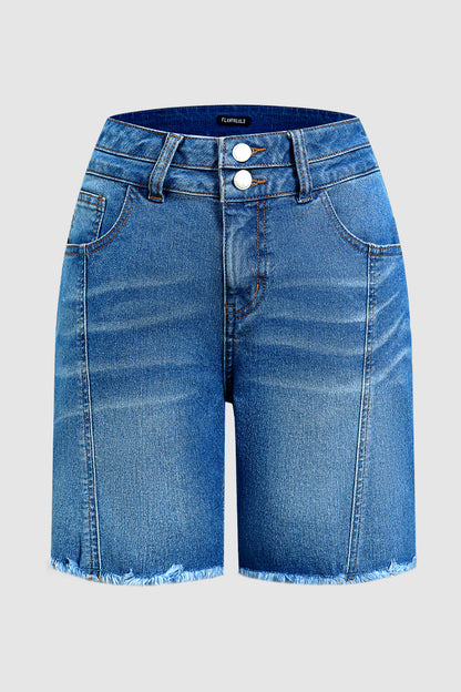 Wash Seam Front Raw Hem Dual Button High Rise Mid Thigh Denim Shorts