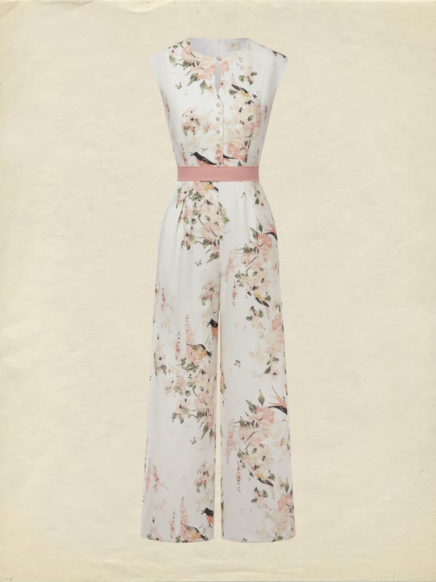 Combinaison en lin, sans manches, col rond, fleuri, boutons décoratifs, vacances, vintage, blanc
