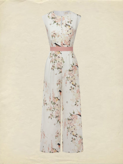 Combinaison en lin, sans manches, col rond, fleuri, boutons décoratifs, vacances, vintage, blanc