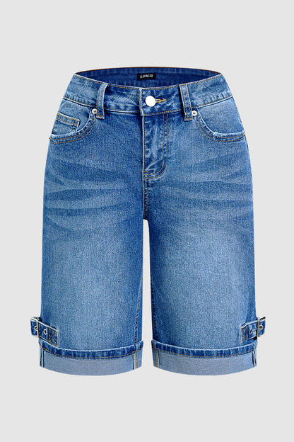 Wash Buckle Decor Roll Hem Mid Waist Denim Bermuda Shorts