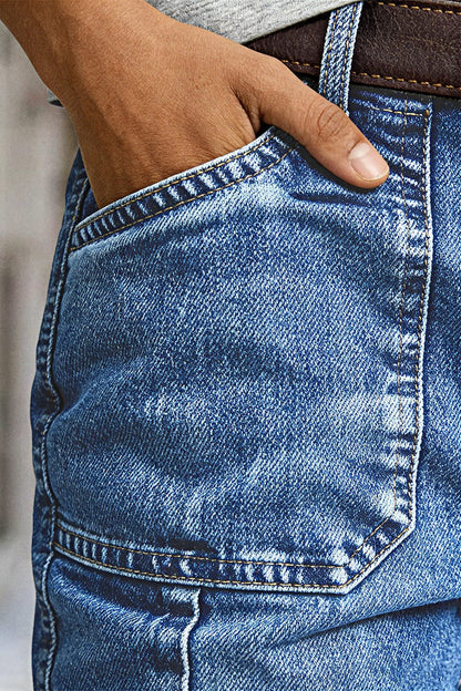 Wash Flap Pocket High Waist Straight Leg Capri Jeans Without Belt