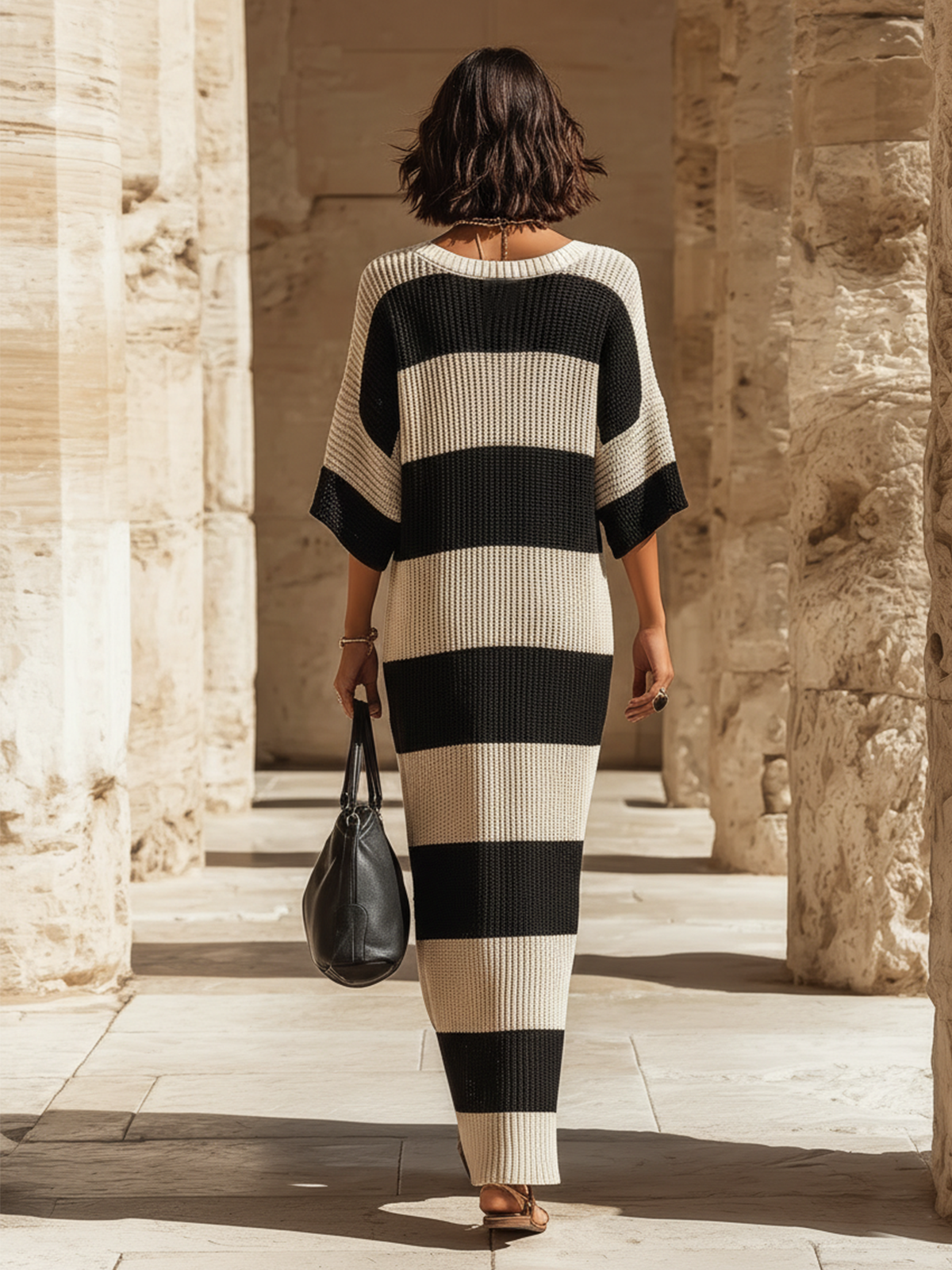 Chic Elegant Beige-Black Striped V-Neck Short-Sleeve Loose-Fit Side Slits Ribbed Knit Maxi Dress