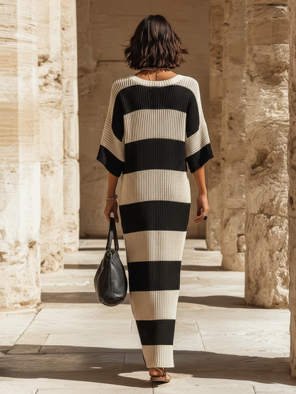 Chic Elegant Beige-Black Striped V-Neck Short-Sleeve Loose-Fit Side Slits Ribbed Knit Maxi Dress