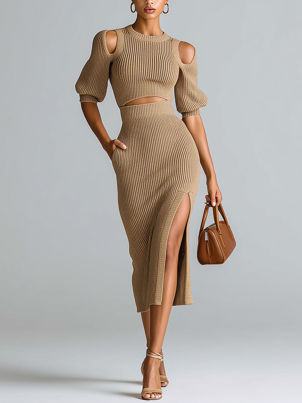 Stylish Elegant Camel Crew Neck Slim-fit Short-sleeved Cutout Sweater Top Side-Slit Pencil Skirt Ribbed Knit Two-Piece Set