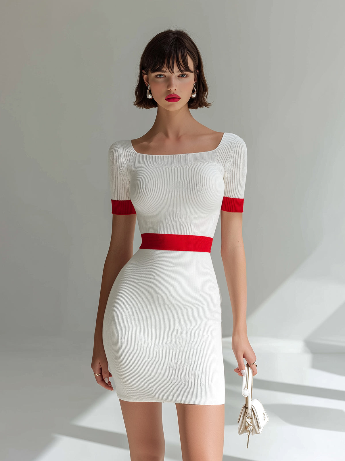 Chic Elegant Cream White Colorblock Square Neck Short-Sleeve Tailored Waist Slim-Fit Ribbed Knit Bodycon Mini Dress