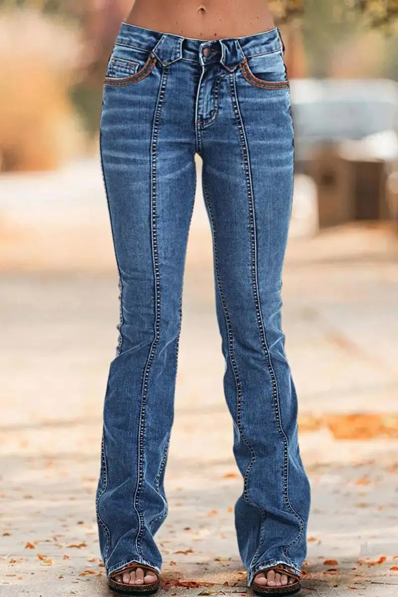 Wash Contrast Stitch Low Waist Bootcut Jeans