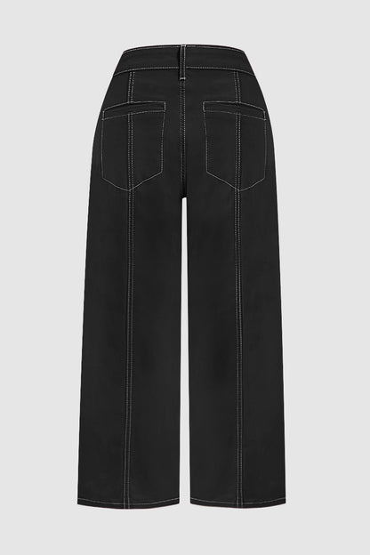 Contrast Stitch Mid Rise Wide Leg Crop Pants