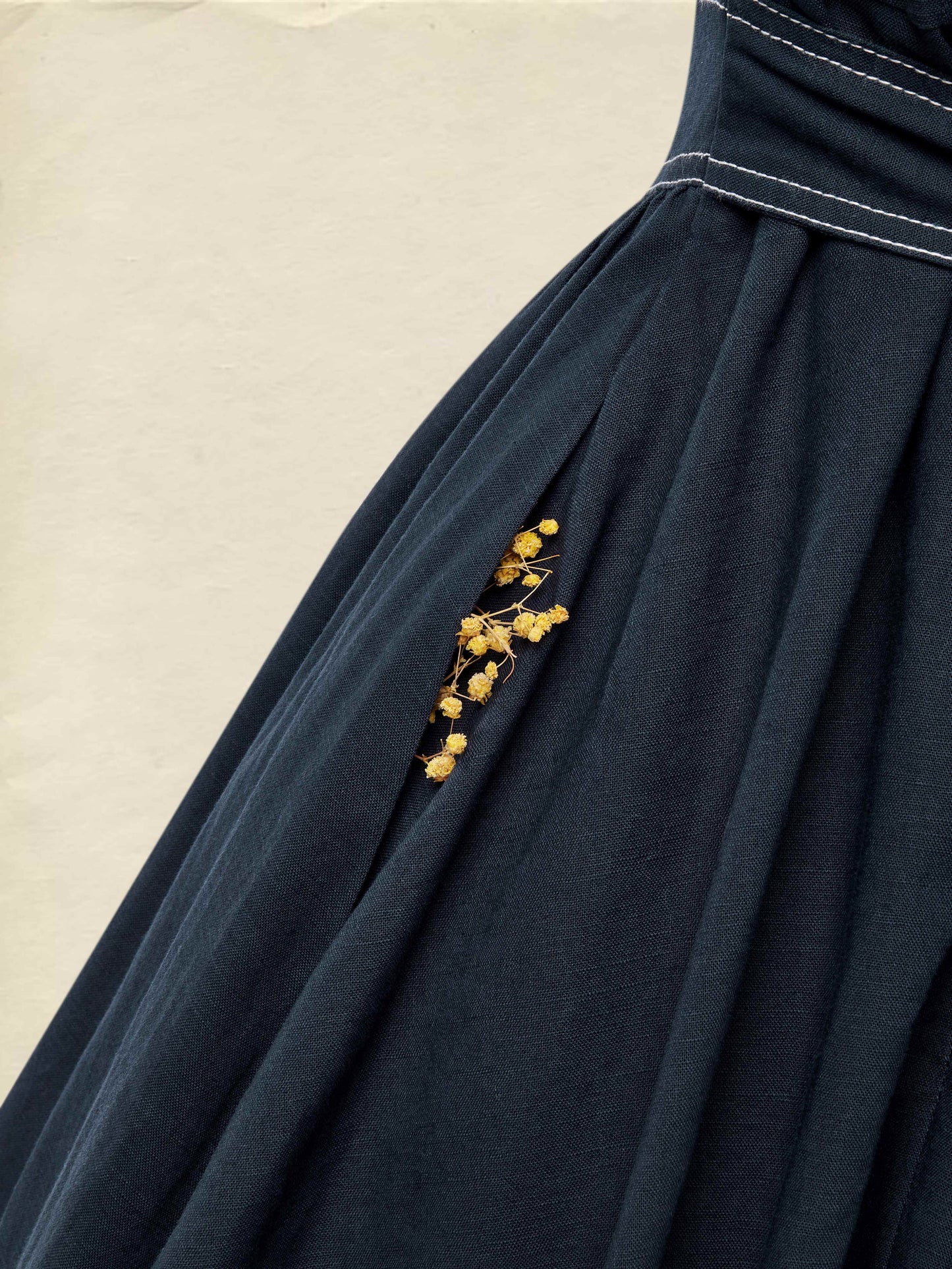 Robe longue en lin, manches courtes, col rond, unie, poches, style vintage français, bleue