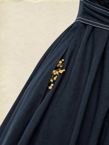 Robe longue en lin, manches courtes, col rond, unie, poches, style vintage français, bleue