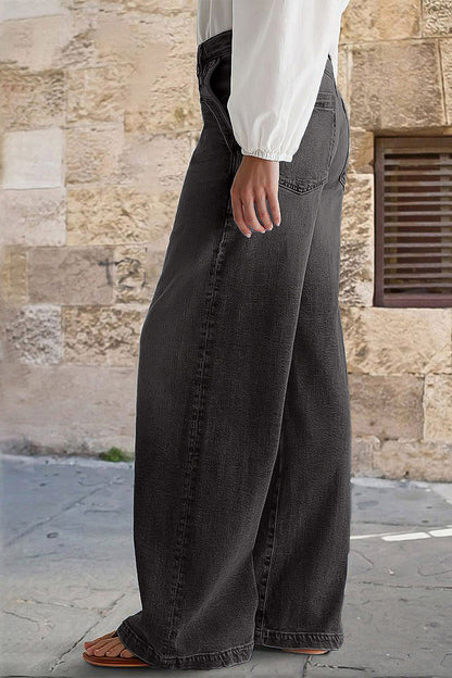 Wash Stitch Decor Wide Leg Mid Rise Jeans Without Belt