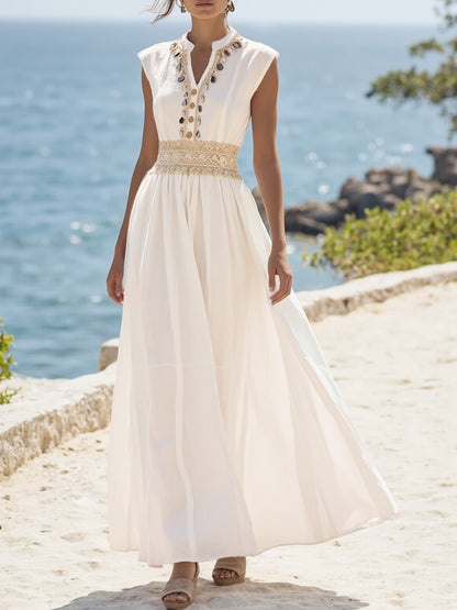 Robe longue en lin, manches courtes, col en V, unie, dentelle, vintage, blanche