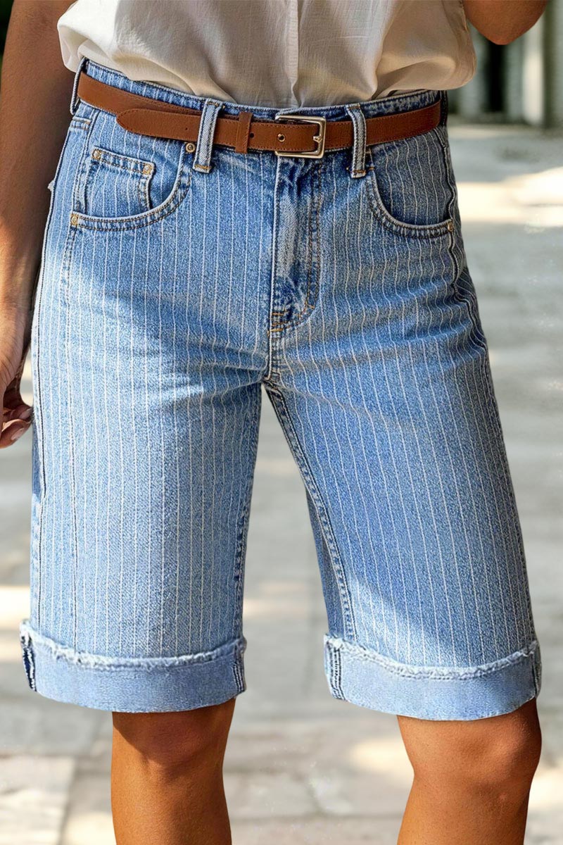Pinstriped Raw Hem Seam Detail High Waist Denim Bermuda Shorts Without Belt