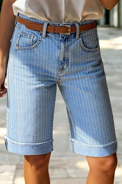 Pinstriped Raw Hem Seam Detail High Waist Denim Bermuda Shorts Without Belt