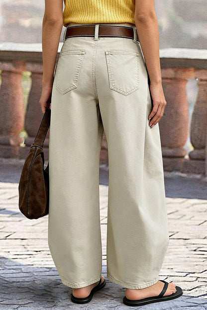 Solid Pleated Mid Rise Barrel Leg Pants Without Belt
