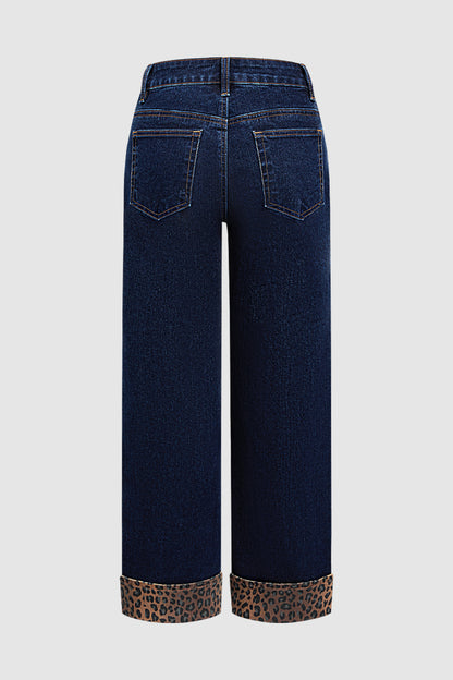 Leopard Print Studded Roll Hem Mid Waist Straight Leg Jeans