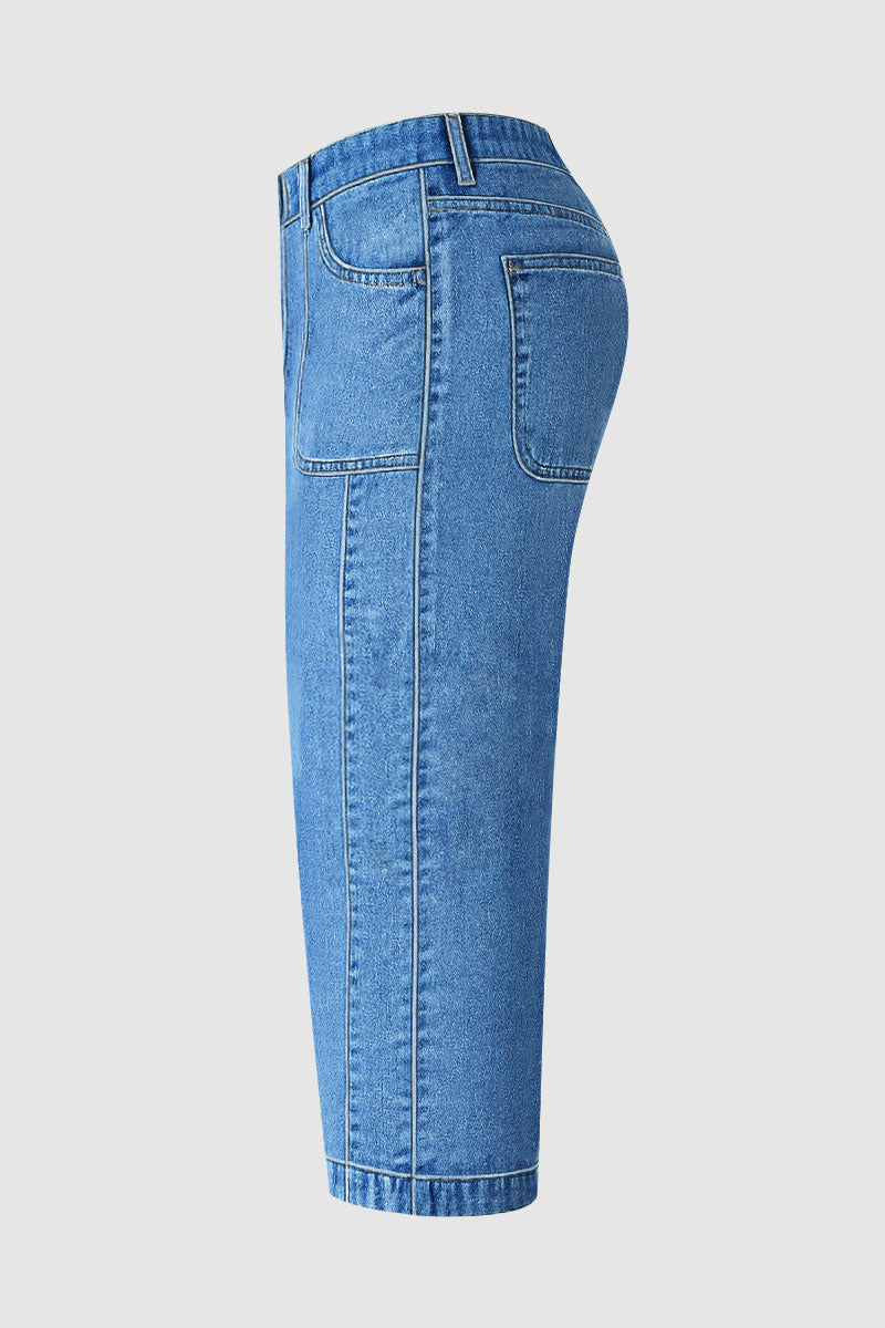 Patch Pocket Seam Detail Mid Rise Barrel Leg Capri Jeans Without Belt
