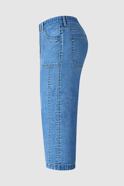 Patch Pocket Seam Detail Mid Rise Barrel Leg Capri Jeans Without Belt