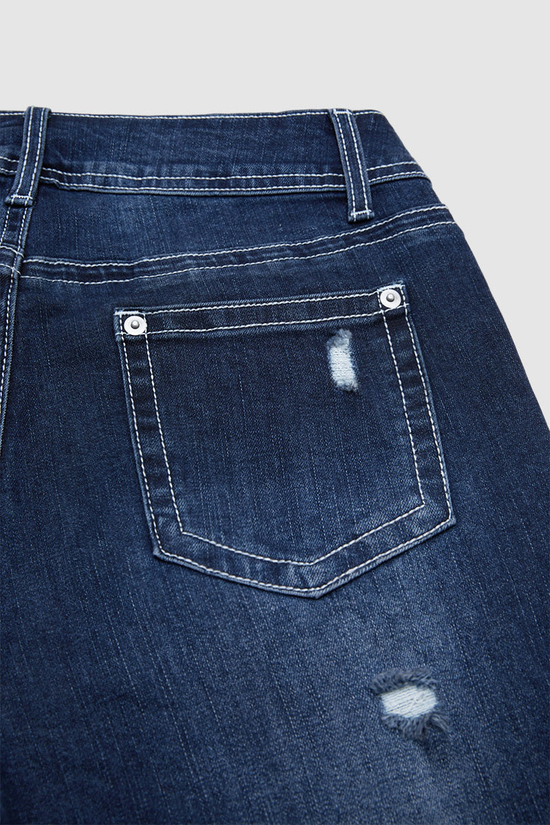 Ripped Roll Hem Dual Button Mid Rise Capri Skinny Jeans