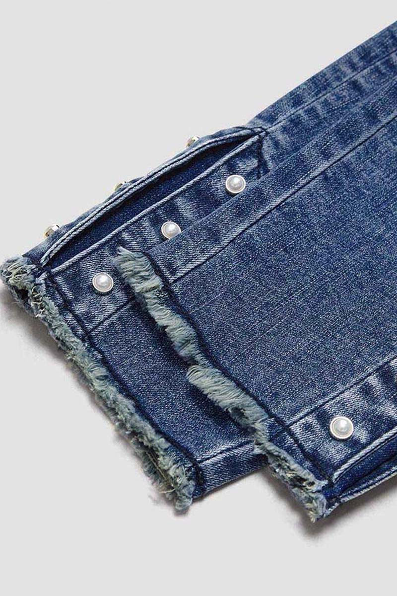 Pearl Button Side Raw Hem High Waist Skinny Jeans