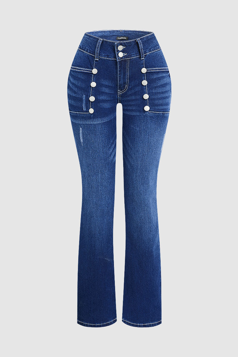Wash Sailor Button Patch Pocket Mid Rise Bootcut Jeans