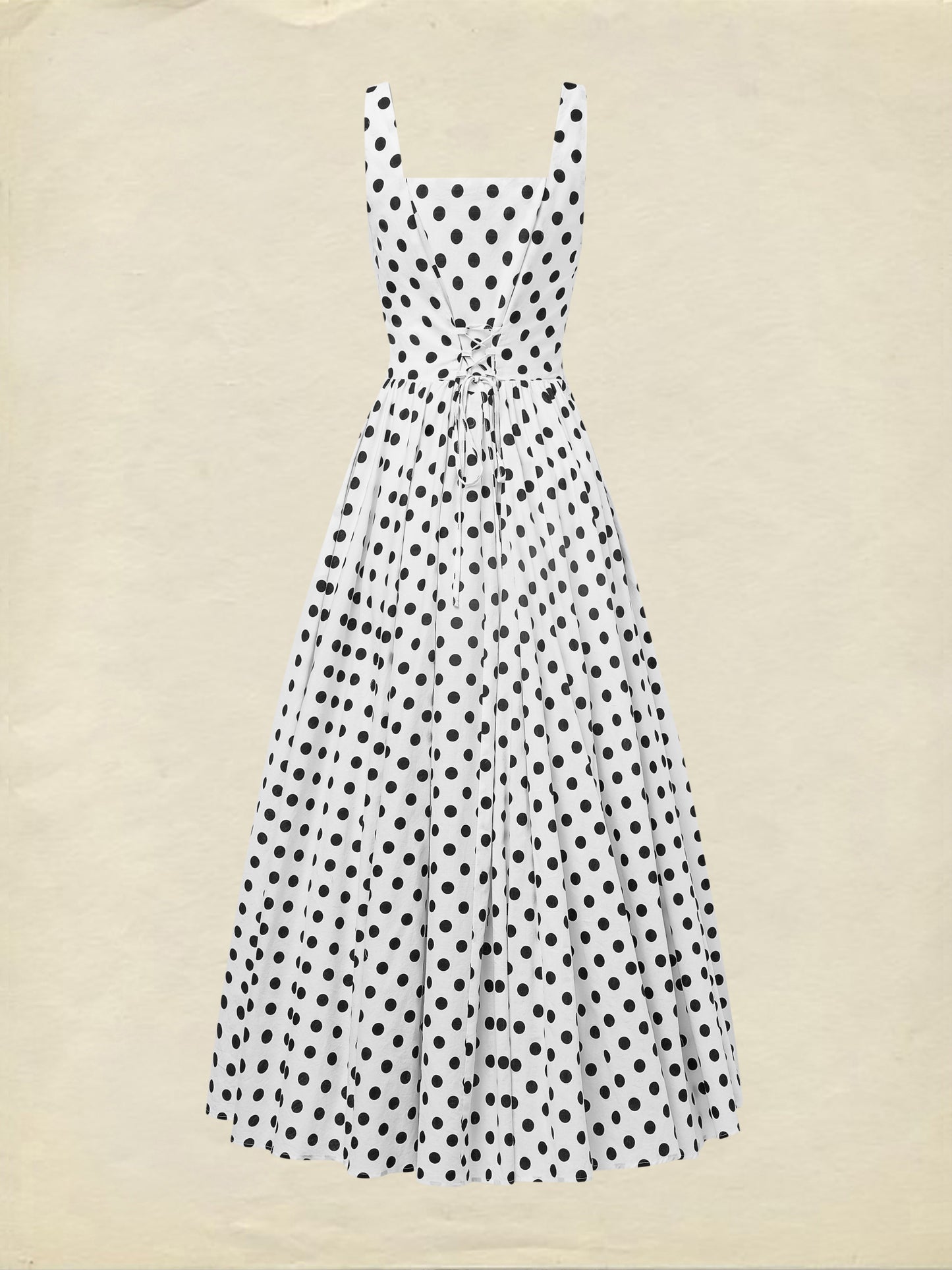 Robe longue en coton, sans manches, col carré, à pois, bretelles, vintage, blanche