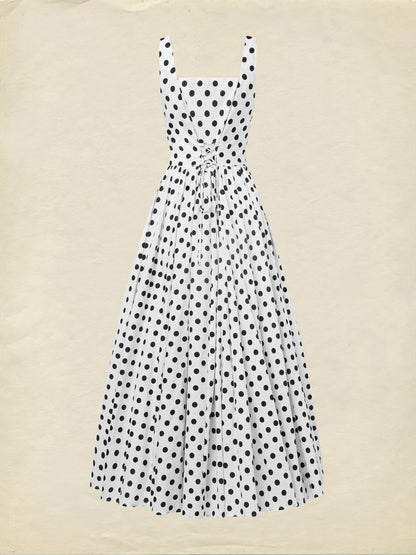 Robe longue en coton, sans manches, col carré, à pois, bretelles, vintage, blanche